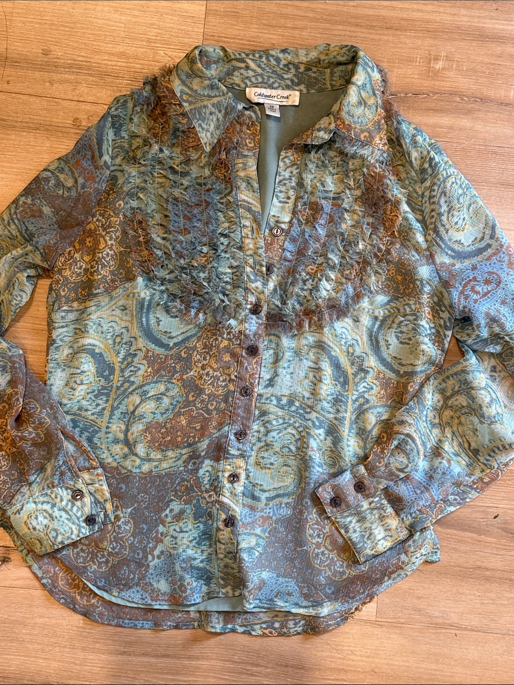 Coldwater Creek Paisley fringe Button-Front Blouse in Teal and Brown, Xs fits S